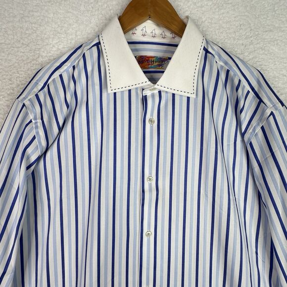 Steve Harvey Blue Stripe Men’s Dress Shirt 17.5 37 French Cuff Cotton NWT - Picture 2 of 14